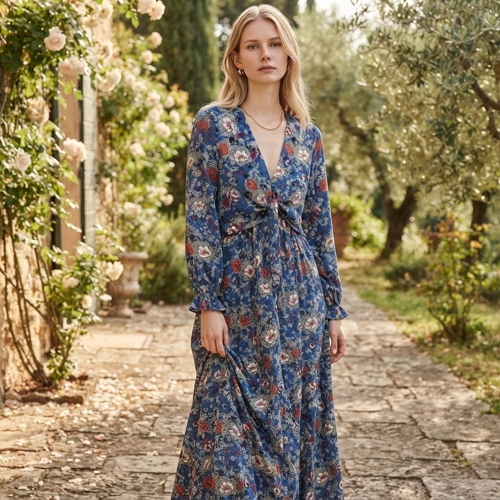 DR2 by Daniel Rainn Floral Maxi Dress Navy Blue V-Neck Tie Front Size M